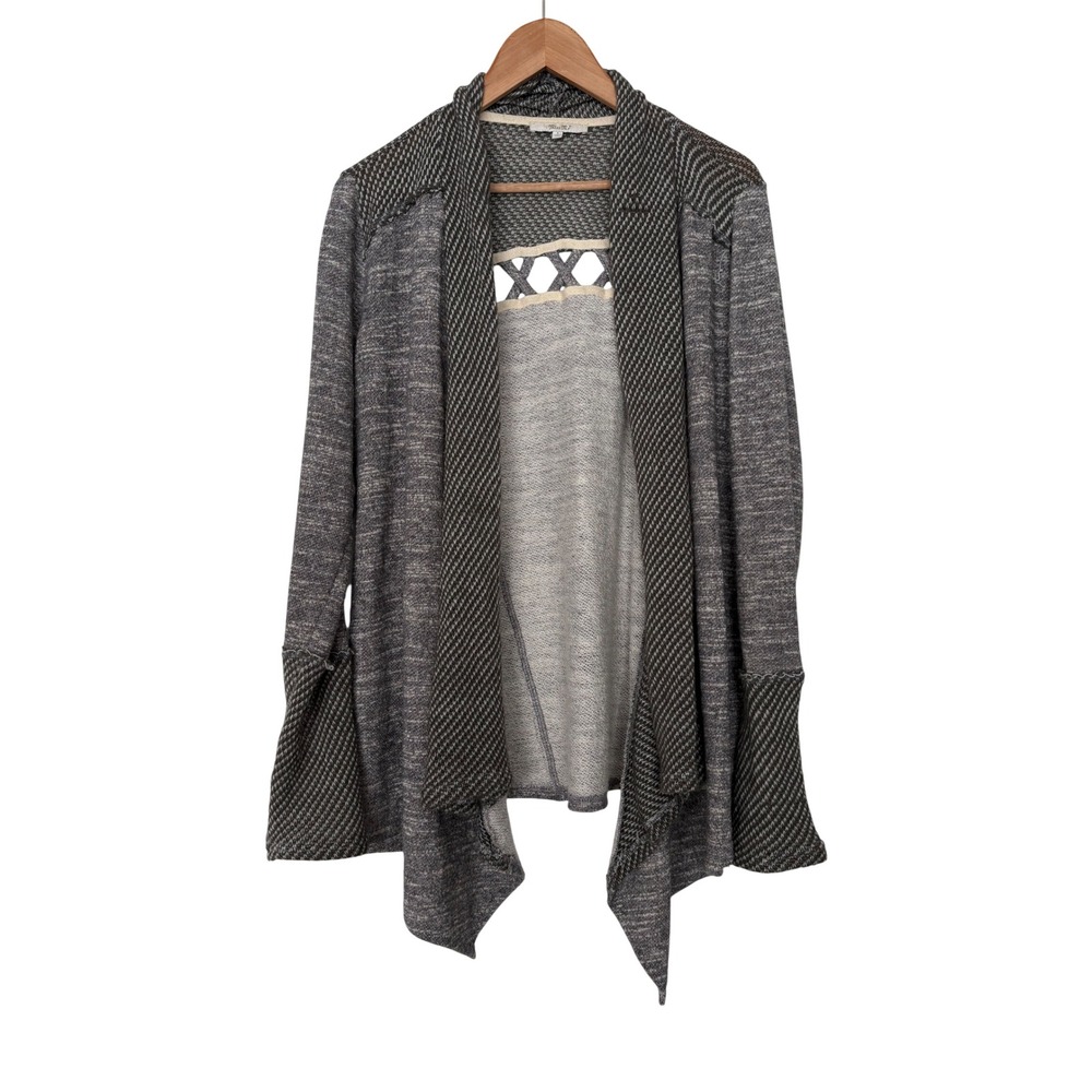 Miss Me Gray Grunge Western Marl Open Front Waterfall Cardigan Lattice Back L